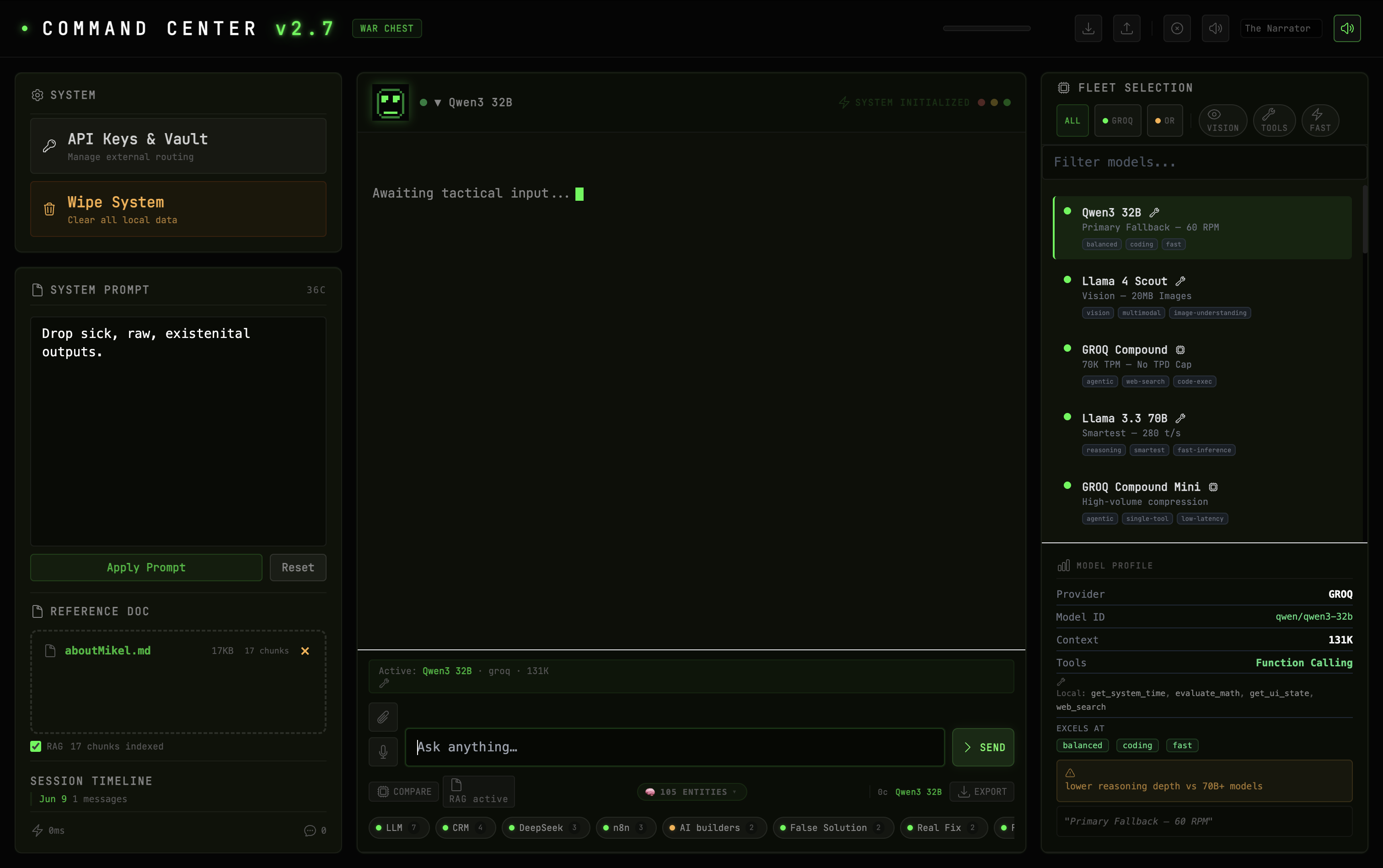 freeAI Command Center v2.7 initialization state showing the system panel, fleet selector with Qwen3 32B active, and empty chat awaiting input